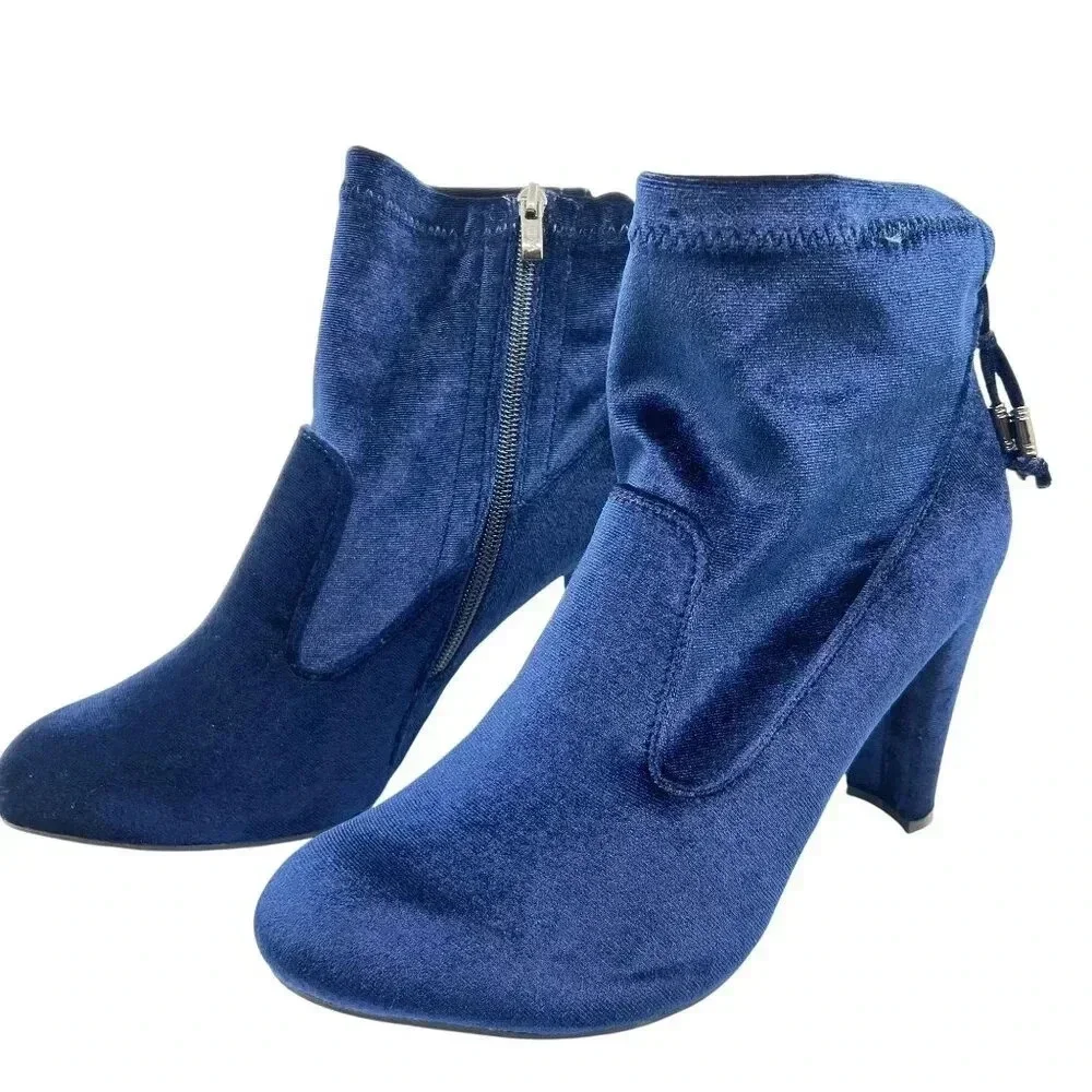 NEW Blue Velvet Ankle Booties Women 10M Zip Closure Block Heel Boots Elvis Shoes